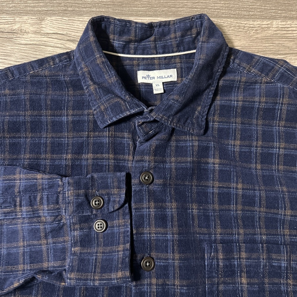 Peter Millar Hampstead Yarn Dye Corduroy Plaid Flannel Shirt Navy/Yellow Size XL